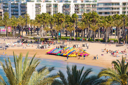 SALOU, TARRAGONA, SPAIN - APRIL 24, 2017: Water attractions on the Costa Dorada beachのeditorial素材