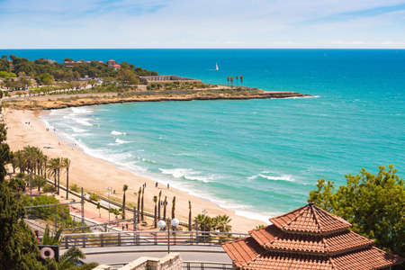 Coast of Tarragona in sunny day, Catalonia, Spain. Copy space. Space for textの写真素材