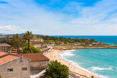 Coast of Tarragona in sunny day, Catalunya, Spain. Copy space. Space for textの写真素材