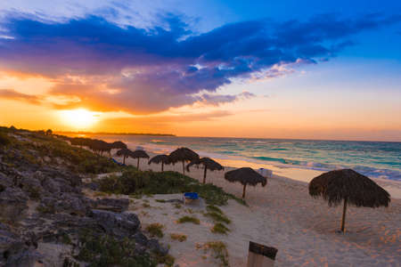 Sunrise on the sandy beach of island of Cayo Largo, Cubaの写真素材