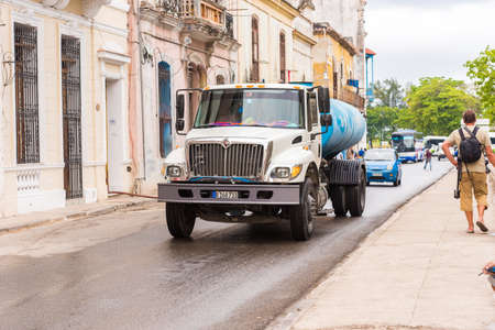 CUBA, HAVANA - MAY 5, 2017: American retro truck on city street. Copy space for textのeditorial素材