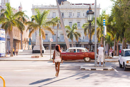 CUBA, HAVANA - MAY 5, 2017: American brown retro car on city street. Copy space for textのeditorial素材