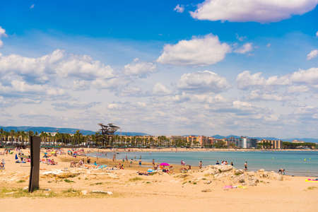 Coastline Costa Dorada, beach in La Pineda, Tarragona, Catalunya, Spain. Copy space for textのeditorial素材
