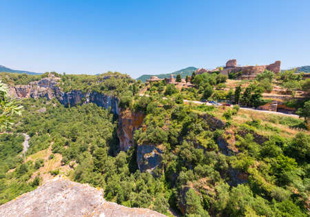 View of the ruins of the castle of Siuran, Tarragona, Catalunya, Spain. Copy space for textのeditorial素材