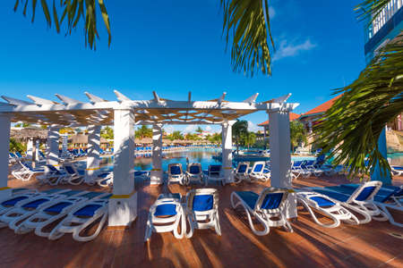 VARADERO, MATANZAS, CUBA - MAY 18, 2017: View of the swimming pool on site. Copy space for textのeditorial素材