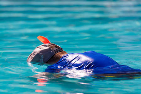 Man swims in the pool with trubkoi and mask in Varadero, Matanzas, Cuba. Copy space for text. Close-upの写真素材
