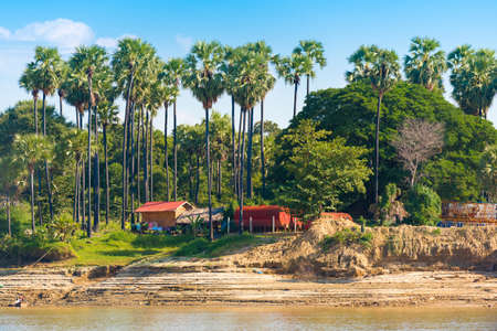 The village on the Irrawaddy river Irrawaddy, Mandalay, Myanmar, Burma. Copy space for textの写真素材