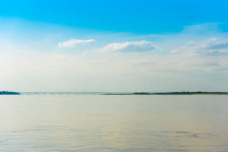 Steel bridge over the Irrawaddy river in Mandalay, Myanmar, Burma. Copy space for textの写真素材