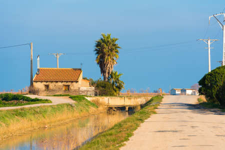 Landscape. House in Ebro Delta, Tarragona, Catalunya, Spain. Copy spaceの写真素材