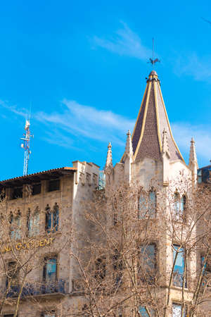 BARCELONA, SPAIN - FEBRUARY 16, 2017: Beautiful building in the city center. ï¿½oncept with a blue background. Copy space for text. Verticalのeditorial素材