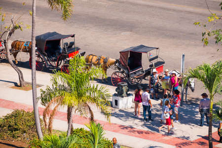 CUBA, HAVANA - MAY 5, 2017: Horses in harness on the city street. Copy space for textのeditorial素材