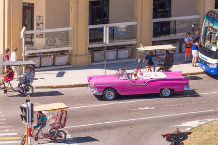 CUBA, HAVANA - MAY 5, 2017: View of the city street and american retro cabriolet.のeditorial素材