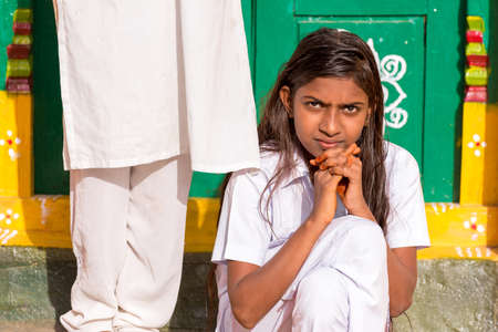 PUTTAPARTHI, ANDHRA PRADESH, INDIA - JULY 9, 2017: Portrait of an Indian girl. Close-upのeditorial素材