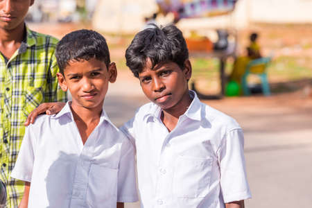 PUTTAPARTHI, ANDHRA PRADESH, INDIA - JULY 9, 2017: Portrait of Indian boys. Close-upのeditorial素材