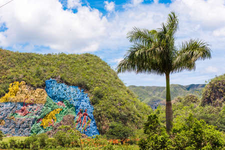 VINALES, CUBA - MAY 13, 2017: View of the mural in Vinales valley. Copy space for textの写真素材
