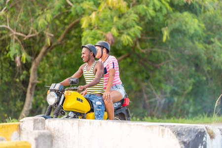 Two people on a motorcycle. Copy space for textのeditorial素材