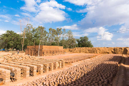 Production of indian bricks. The brick dries, Puttaparthi, Andhra Pradesh, India.の写真素材