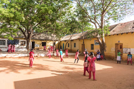 PUTTAPARTHI, ANDHRA PRADESH, INDIA - JULY 9, 2017: Group of indian schoolgirls.のeditorial素材