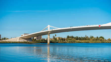 Sant Jaume d'Enveja new bridge 'Lo Passador' over Ebro river Ebro Delta, Tarragona, Catalonia, Spain.の写真素材