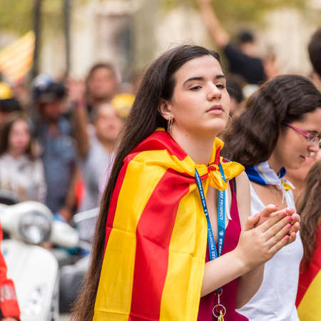BARCELONA, SPAIN - OCTOBER 3, 2017: Young girl at the demonstration in Barcelona. Close-upのeditorial素材