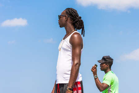 SAONA, DOMINICAN REPUBLIC - MAY 25, 2017: Black man in the sky. Copy space for textのeditorial素材
