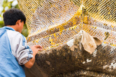 The man is laying out a mosaic in Louangphabang, Laos. Close-up