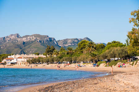 MIAMI PLATJA, SPAIN - SEPTEMBER 18, 2017: View of the sandy beach. Copy space for textのeditorial素材