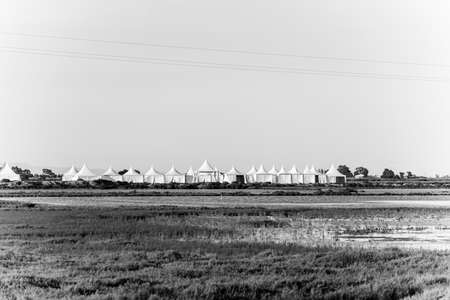 Tents in Ebro Delta nature park, Tarragona, Catalunya, Spain. Copy space for textの写真素材