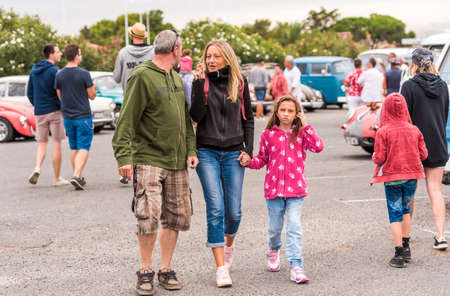 AGDE, FRANCE - SEPTEMBER 9, 2017: People at the exhibition of retro cars Volkswagen Cap d'Agde. Copy space for textのeditorial素材