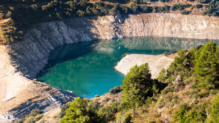 Reservoir Pantano De Siurana, Tarragona, Spain. Top view. Copy space for text