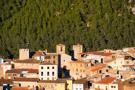 View of the old Spanish town in the forest, Pratdip, Tarragona, Spain.の写真素材