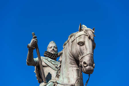 Bronze equestrian statue of King Philip III in Madrid, Spain. Close-up. Copy space for textの写真素材