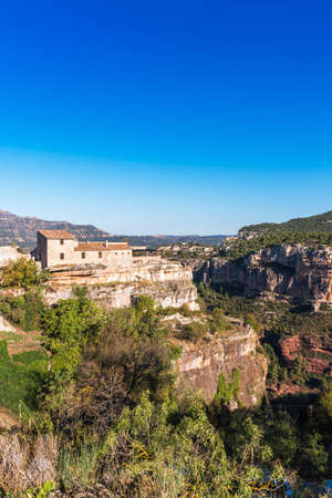 View of the village Siurana de Prades, Tarragona, Catalunya, Spain. Copy space for text. Verticalの写真素材