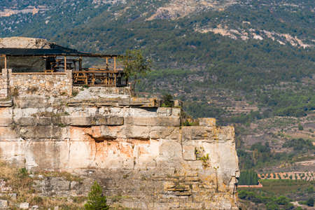 View of the building with a terrace in village Siurana de Prades, Tarragona, Catalunya, Spain. Copy space for textの写真素材