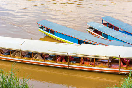 Boats near the bank of the river Nam Khan in Louangphabang, Laos. Close-upの写真素材