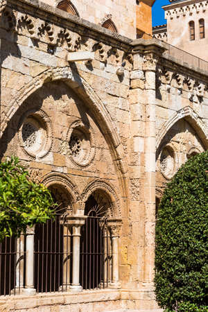 TARRAGONA, SPAIN - OCTOBER 4, 2017: View of the courtyard of the Tarragona Cathedral (Catholic cathedral) on a sunny day. Copy space for text. Verticalのeditorial素材