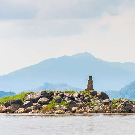 View of the Nam Khan river, Louangphabang, Laos. Copy space for textの写真素材