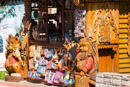 GORYACHY KLYUCH, RUSSIA - MARCH 30, 2017: View of the souvenir shop in the city park. Close-upのeditorial素材