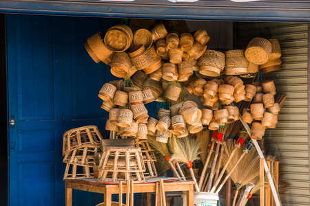 LOUANGPHABANG, LAOS - JANUARY 11, 2017: Laotian wicker hand baskets on the local marketのeditorial素材