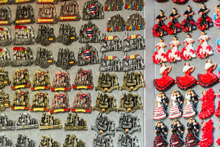 MADRID, SPAIN - SEPTEMBER 26, 2017: Souvenirs, magnet stickers, displayed for sale. Close-upのeditorial素材