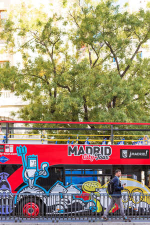 MADRID, SPAIN - SEPTEMBER 26, 2017: Tourist excursion double decker bus. Close-up. Verticalのeditorial素材