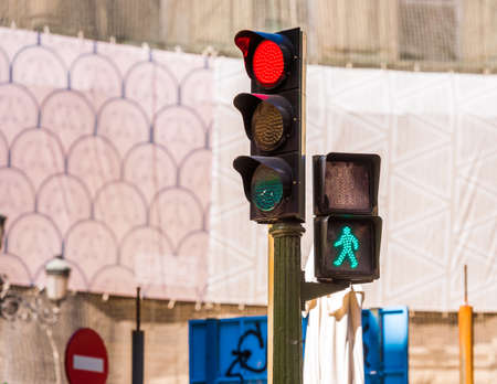 Traffic light on a city street, Madrid, Spain. Copy space for textのeditorial素材