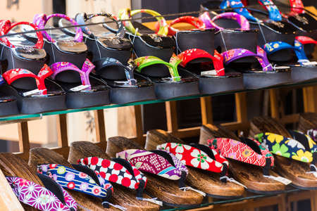 TOKYO, JAPAN - OCTOBER 31, 2017: Japanese shoes on the shelf in the store. Close-upのeditorial素材