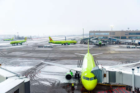 MOSCOW, RUSSIA - DECEMBER 18, 2017: Aircraft Boeing 737 S7 Airlines at the international airport Domodedovo. Copy space for textのeditorial素材