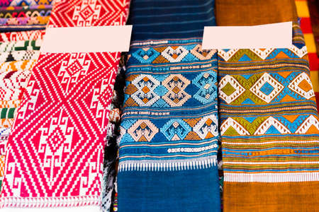 Multicolored fabric close-up in Luang Prabang, Laosの写真素材