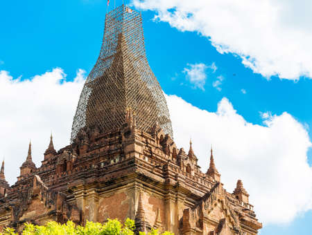 View of the facade of the buddhist temple building in Bagan, Myanmar. Copy space for text