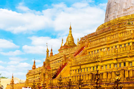 View of the building of the Shwezigon pagoda in Bagan, Myanmar. Copy space for text
