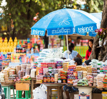 BAGAN, MYANMAR - DECEMBER 1, 2016: Products in the local market. Close-upのeditorial素材