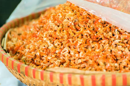 Dried prawns in the local market in Hanoi, Vietnam. Close-upの写真素材