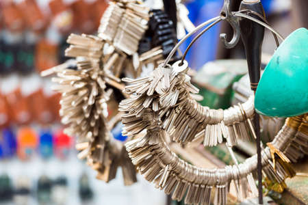 Many keys in the bundles. Manufacturing of keys in the local market in Hanoi, Vietnam. Close-up